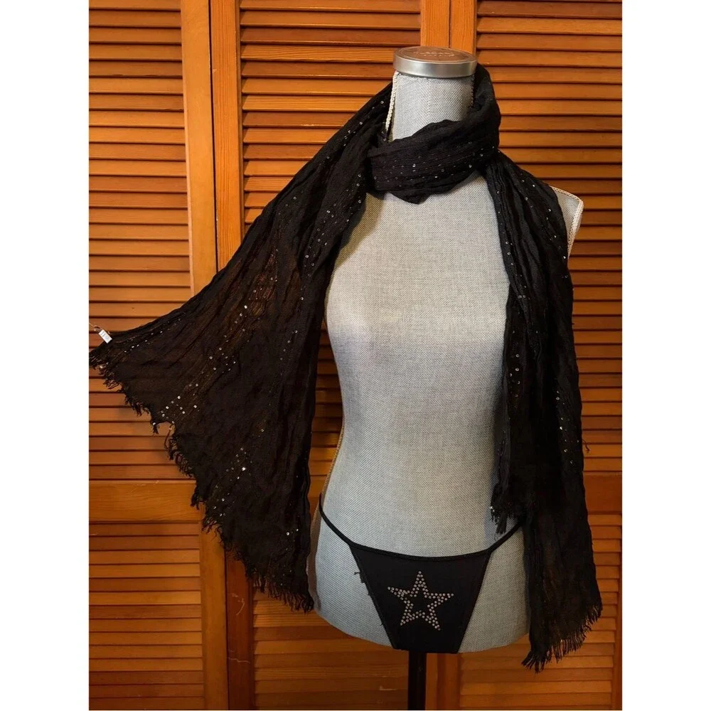 Y2K Sequin Panel Flowy Rayon Frayed Edge Grunge Scarf
